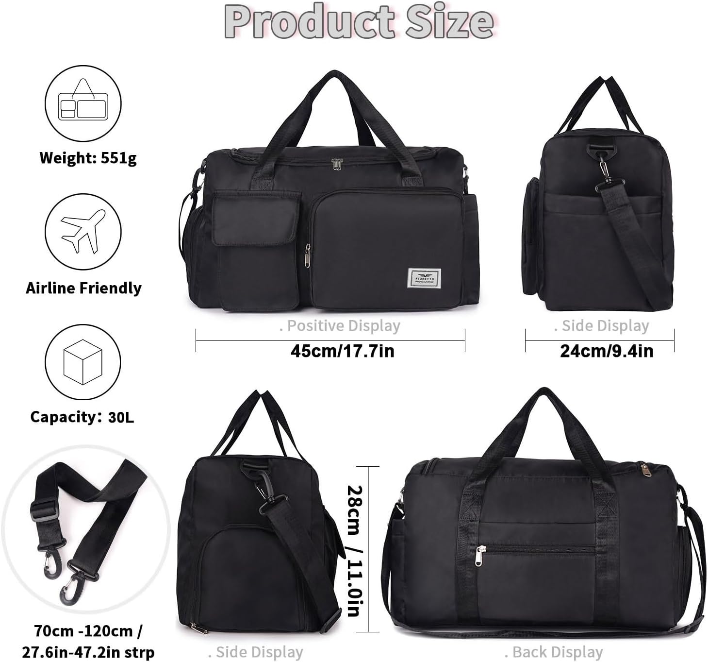 Womens Mens Sports Gym Bag Duffle Bag with Shoes Compartment, Weekend Travel Bag Overnight Bag for Women, Water Resistant Holdall Hospital Bag for Swimming Black